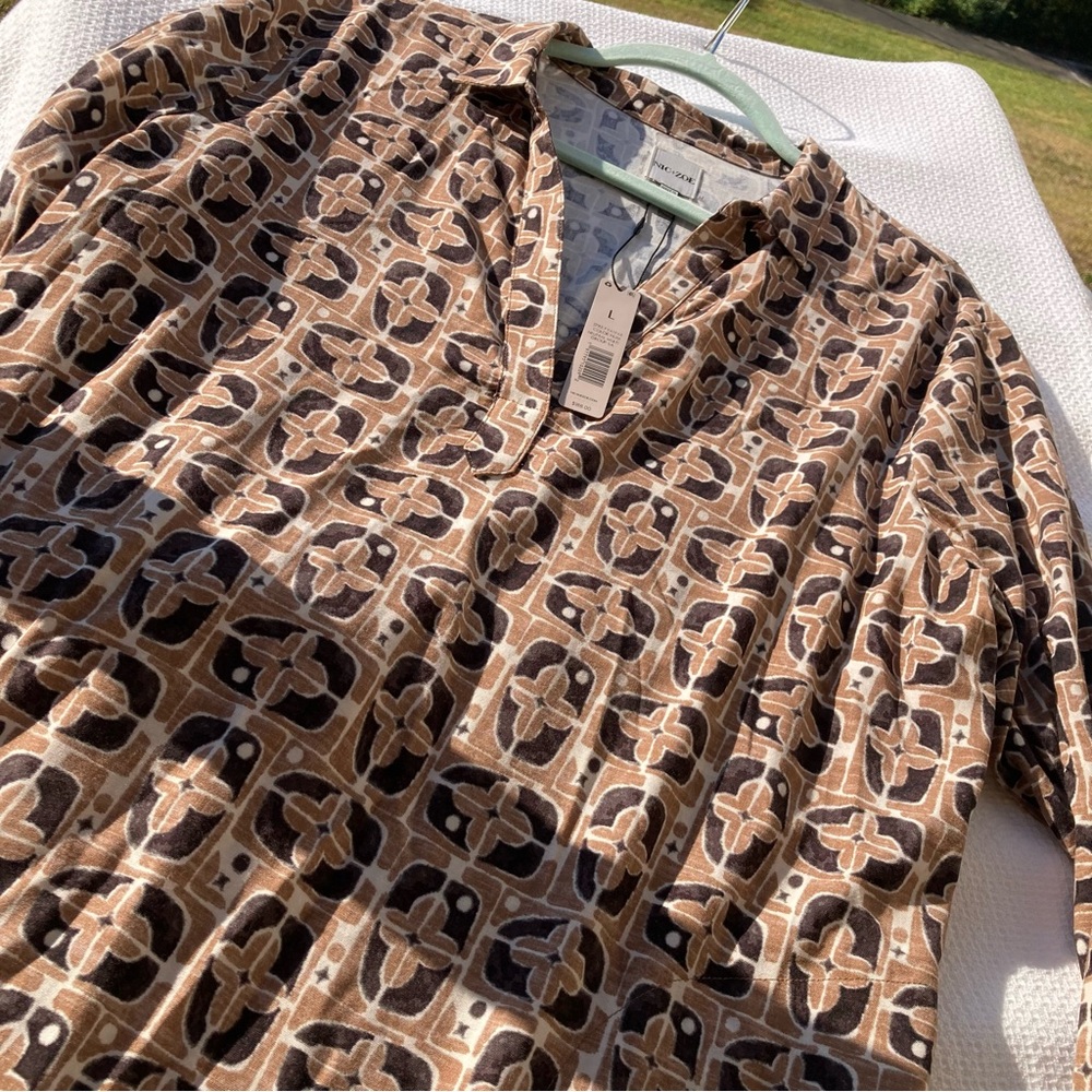 NWT Geometric Patterned Brown Dress Retro Vintage Style Pockets SIZE: L